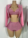 Women's Rhinestones Top Shorts Sets Nightclub Show Three Pieces Outfit Nightclub Performance Singer Dance Costume Stage Wear