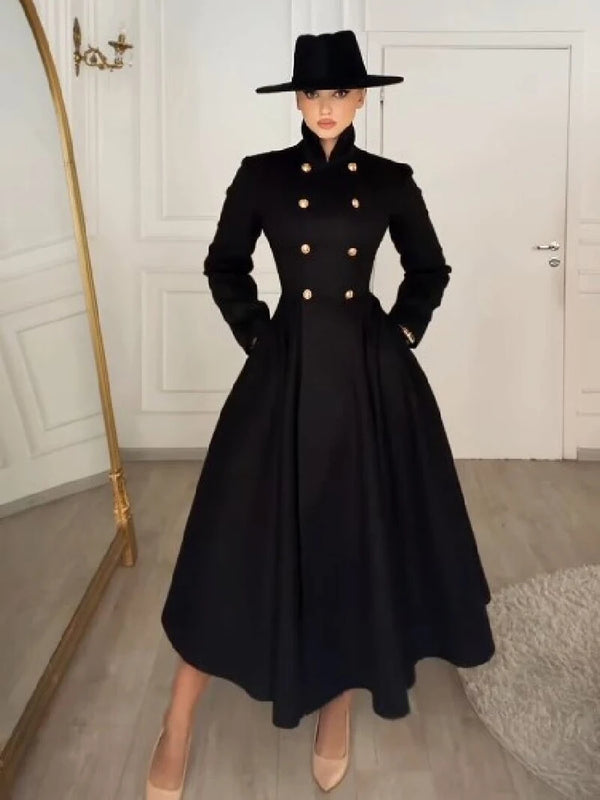 Elegant Stand Collar Metal Button Maxi Coat Lady Double Breasted Cinched Waist A-line Flared Overcoat Fall Date Party Outerwear