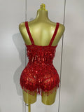 Luxury Sparkly Rhinestone Sequins Tassel Mesh Bodysuits Women Celebrate Eveing Birthday Party Nightclub Bar Dencer Stage Costume