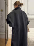 Stylish Solid Stand Collar Button Front Loose Maxi Trench Coat Batwing Long Sleeve Outerwear Women Autumn Daily Office Wear New