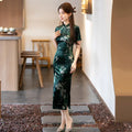 Green Short Sleeved Velvet Chinese Style Long Autumn Qipao Young Women's High-end Retro Evening Dress Qipao
