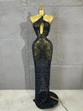 Black Mesh Rhinestone Mermaid Maxi Dress Hollow Cut Out BacklessBodycon Long Gown Women Club Night StageBirthday Party Outfit