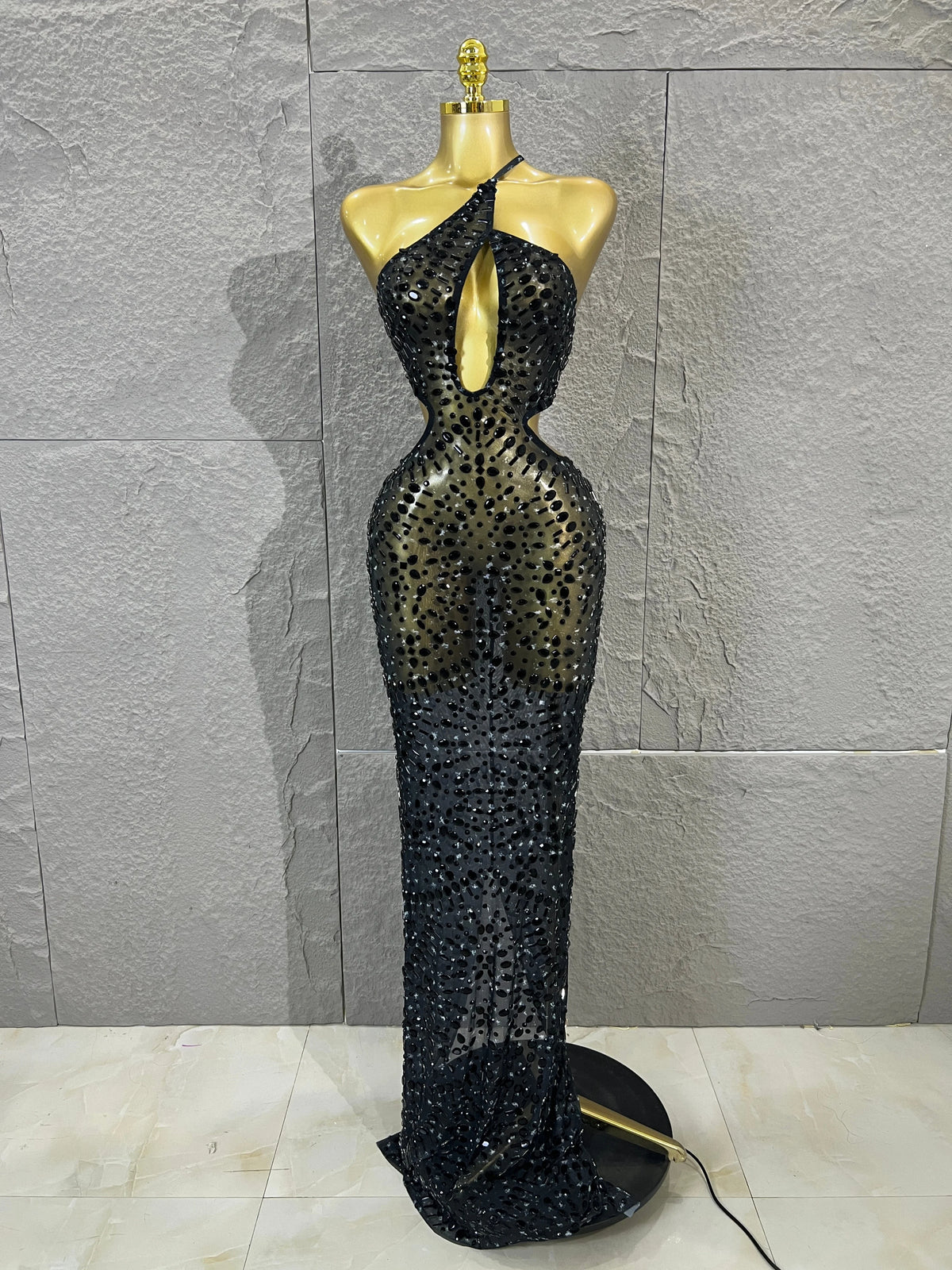 Black Mesh Rhinestone Mermaid Maxi Dress Hollow Cut Out BacklessBodycon Long Gown Women Club Night StageBirthday Party Outfit