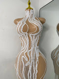 Luxury Sparkly Sequins Pearls Flashing Women Sexy White Long Elegant Celebrity Birthday Dress Cocktail Vestidos Prom Gowns