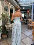 White Floral Print Two Piece Set Spaghetti Strap Ruffle Corset Top Strap Wide Leg Pants 2026 Summer Street Casual Women Outfit