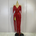 Sexy Sparkly Red Diamonds Tassel Mesh See Through Long Dress Women Eveing Birthday Party Nightclub Singer Stage PhotoShoot Wear