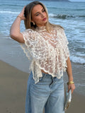 Sexy Cape Style Lace Perspective Top Women Half High Neck Short Sleeve Solid Irregular Pullover Lady Chic Casual Beach Top Cloth