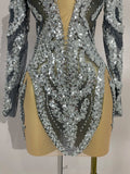 Sparkly Rhinestones Sexy Mesh Transparent Mini Dress Eveing Birthday Party Dance Nightclub Fashion Show Stage Costumes