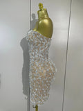 Women Sparkly Rhinestones Sexy Strapless Mesh See Through Mini Dress Birthday Party Evening Cocktail Dress Nightclub Stage Wear