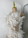 Women Sexy Luxury Rhinestone Mesh Feather Sheer See Through Long Celebrity Birthday Dress Cocktail Nightclub Performance Costume