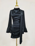 Navyblue Irregular Bodycon Dresses for Women Stand Collar Flare Sleeve High Waist Sexy Party Mini Dress Female New