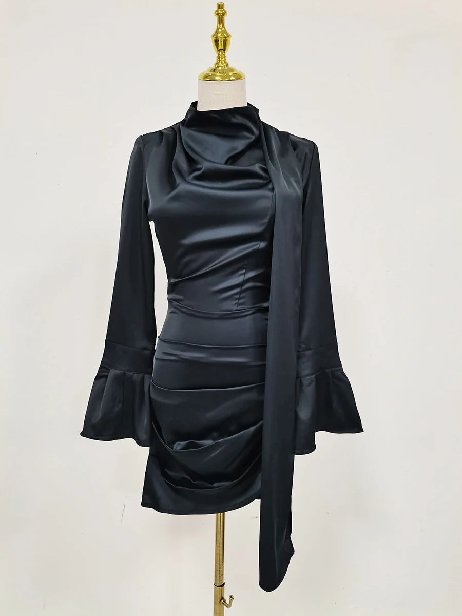 Navyblue Irregular Bodycon Dresses for Women Stand Collar Flare Sleeve High Waist Sexy Party Mini Dress Female New