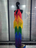 Rainbow Color Women Sexy Off the Shoulder Fringes Bodycon Long Gowns Dress Elegant Evening Party Celebrate Prom Outfit
