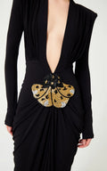 Women Long Sleeve Sexy Deep V-Neck Shinning Beading Bodycon Floor-length Dress Celebrate Evening Party Prom Cocktail Outfit