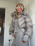 Trendy Solid Hooded Zip Snap Button Short Puffer Jacket Women Slim Fit Cropped Outerwear Winter Casual Street Daily Holiday Wear