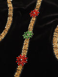 Black Velvet Holiday Celebrations Maxi Gown for Women O Neck Gold Trim Slim Jewel Accent High Slit Dresses for Luxury Dinner