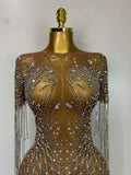 Luxury Sparkly Rhinestones Tassel Transparent Mesh Stretch Long Dress Women Evening Celebrate Birthday Dress Sexy Stage Costumes