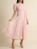 Art Exhibitions Pink Pleated Maxi Dress for Women Puff Sleeve Twist Waist Accent Pleated Bodice for Wedding Guest