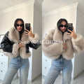 Exclusive Black Faux Leather Fur Cropped Coat Women Winter 2026 Chic Reversible Gradient Fluffy Fox Fur Jacket Overcoat