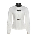 White Contrast Faux Leather Collar Blazer Women Buckle Belt Waist Slim Fit Long Sleeve Stand Neck Ins Party Fashion Outerwear
