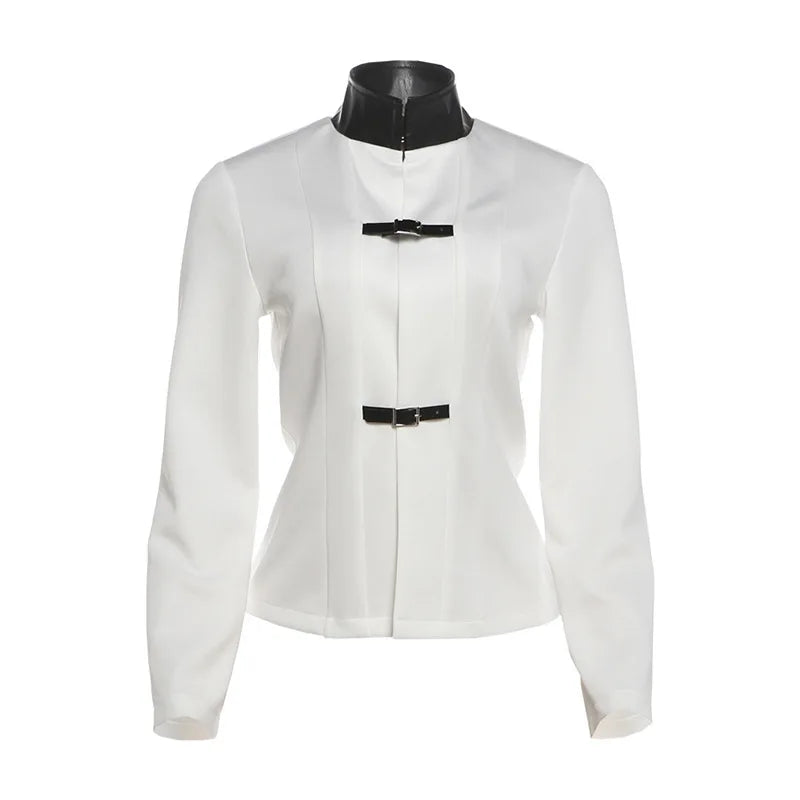 White Contrast Faux Leather Collar Blazer Women Buckle Belt Waist Slim Fit Long Sleeve Stand Neck Ins Party Fashion Outerwear
