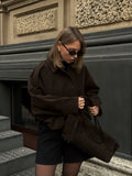Women's Faux Suede Cropped Bomber Jacket Lapel Collar Zipper Loose Autumn Winter Casual Streetwear Vintage Coat 2026 New