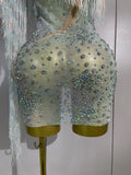 Women Mesh See Through Mini Dress Sexy One Shoulder Sparkly Rhinestone Tassel Latin Dance Nightclub Bar Party Club Stage Wear