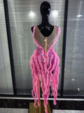 Pink Mesh Ruffles Women Sleeveless Sexy Shining Rhinestones Bodycon Mini Dress Celebrate Bar Singer Birthday Photoshoot Wear