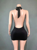 Sparkly Rhinestones Evening Prom Celebrate Birthday Dress Sexy Halter Backless Mesh Velvet Short Dress Performance Stage Wear