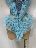 Women Sexy Strapless Sky Blue Diamonds Mesh Mini Dress Luxury Birthday Evening Party Costume Bar Nightclub Singer Stage Outfit