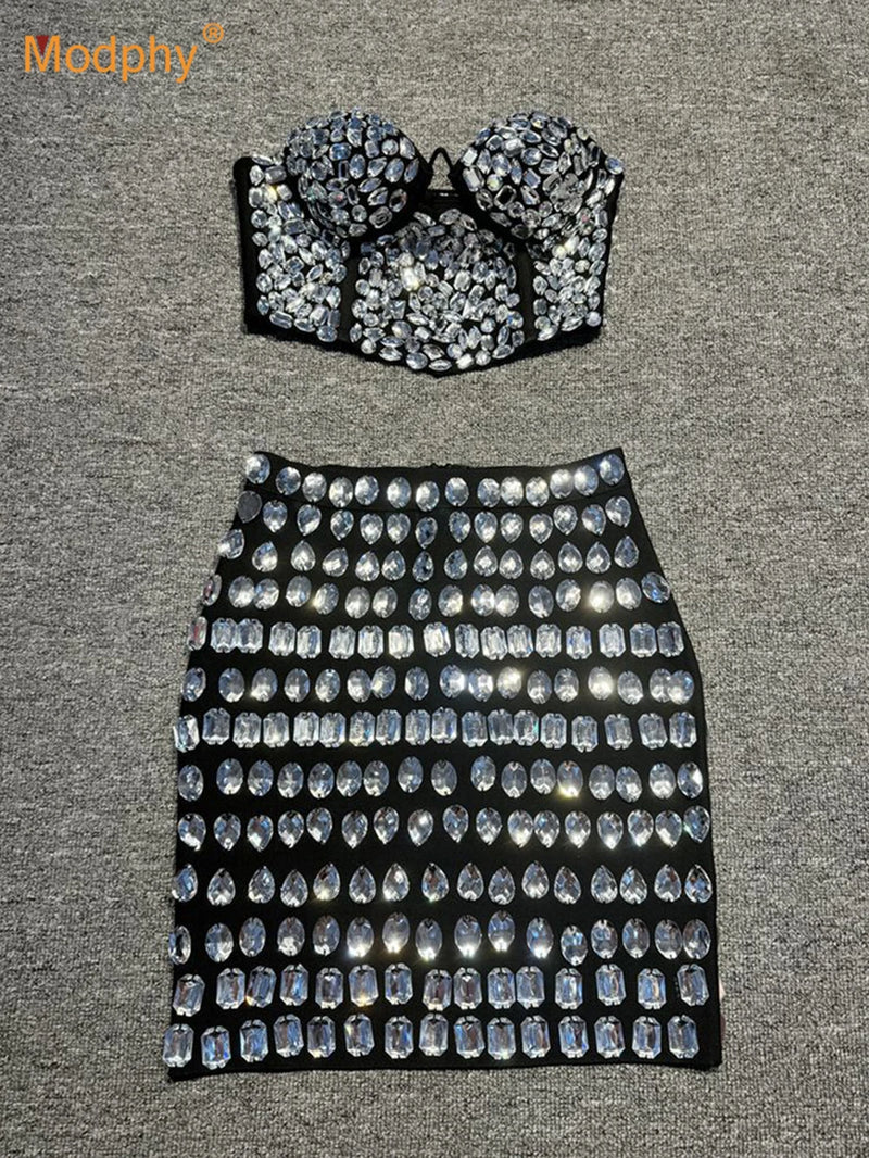 New Ladies Sparkling Luxury Crystal Backless Strapless Crop Top Diamond High Waisted Skirt Empire Shorts Women Set