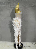 Sparkle Rhinestone Feather Sexy Mesh Long Dress Evening Party Birthday Performance Photoshoot Red Carpet Costume