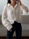 Casual Folds Women Shirts Lapel Collar Long Sleeve Sheer Loose Shirt for Office Commute Casual Day Wear Fashion New