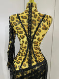 Women One Shoulder Latin Dance Outfits Sexy Leopard Print Sparkly Diamond Tassel See-Through Dress Nightclub Party Stage Costume