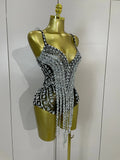 Sexy Sparkly Rhinestones Long Tassels Red Mesh Stretch Bodysuits Women Eveing Party Birthday Nightclub Performance Stage Costume