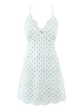White Cozy Homewear Lace Trim Polka Dot Mini Slip Dress for Women Slim Satin Fabric Nightgown for Pajama Parties