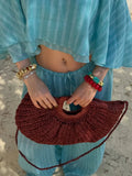 Light Turquoise Striped Batwing Crop Top Drawstring Loose Wide Pants Women Seaside Resort Casual 2 Piece Matching Party Set 2026