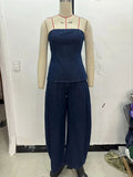 American Retro Two Piece Set for Women Strapless Sleeveless Tank Tops High Waist Wide Leg Pants Denim Suit Female