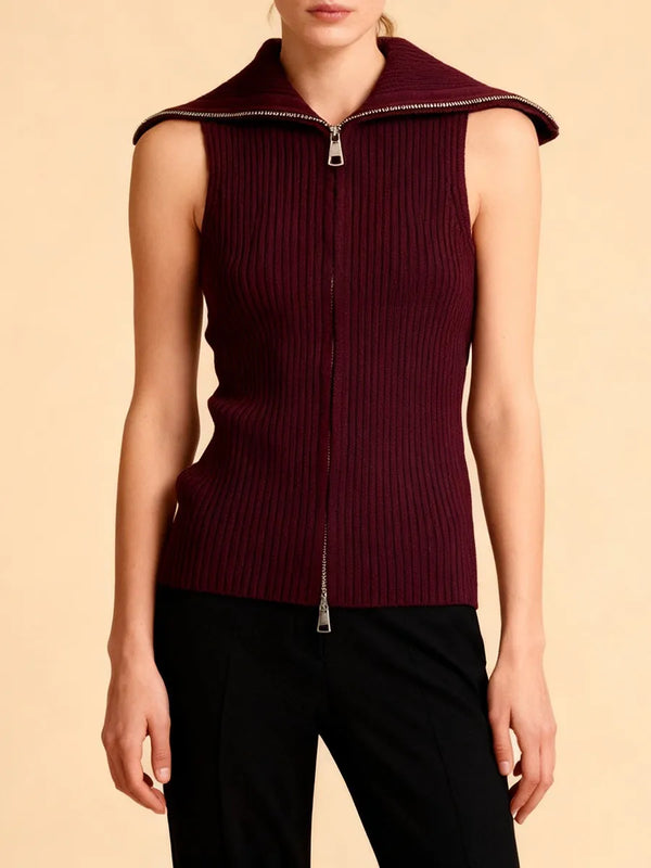 Solid Minimalist Basics Vest for Women Lapel Sleeveless Patchwork Double Zipper Slim Casual Knitted Tank Top Female