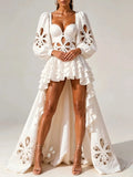 Fashion Style White Cutout Floral Accent Gown for Women Square Collar Puff Sleeve Asymmetric Train Skirt for Beach Elopement