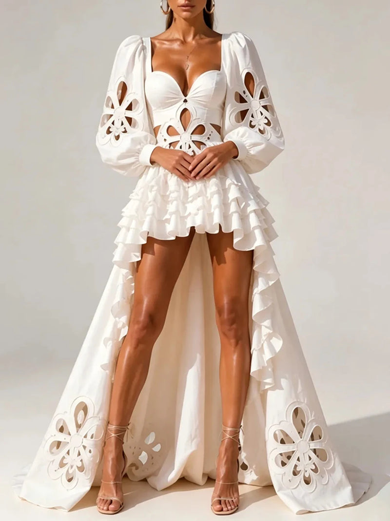 Fashion Style White Cutout Floral Accent Gown for Women Square Collar Puff Sleeve Asymmetric Train Skirt for Beach Elopement