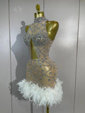 Luxury Nightclub Performance Dance Costume Nightclub Singer Stage Wear Women Sexy Shiny Crystal Feathers Hollow Out Mini Dress