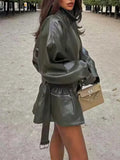 Simpel Basics Patchwork Belt Leather Jacekt for Women Lapel Long Sleeve Spliced Zippers Casual Office Coats Female