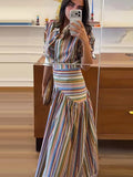 Boho Colorful Stripe Midi Skirt Set Turn Down Collar Single Breasted Long Sleeve Shirt Fitted Waist Flowy Women Skirts Outfits