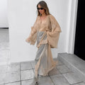 Solid Spliced Mesh Loose Dresses for Women V Neck Long Sleeve High Waist Loose Casual Dress Female New