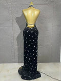 Sparkly Silver Crystal Studded Deep Cut Bodycon Satin Long Prom Gown Nightclub Dress