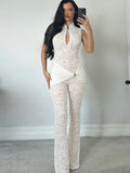 Sexy Jumpsuit Woman Metal Knot Patchwork Jacquard Ruched Waist Stretch Skinny Midnight Workout Streetwear Overalls