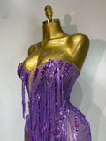 Women Sexy Strapless Purple Rhinestone Tassels Maxi Long Dress Birthday Photo Shoot Bar Nightclub Stage Performance Outfit
