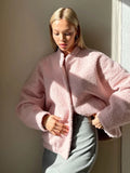 Pink Short Fur Jacket Coat For Women Autumn Winter Casual Stand Collar Pocket Loose Fashion Long Sleeve Jacket Top Female