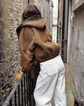 Women's Brown patchwork Hooded Jacket With Faux Fur Lining Fashion Horn Button Bomber Coat Lady Winter Casual Outerwear